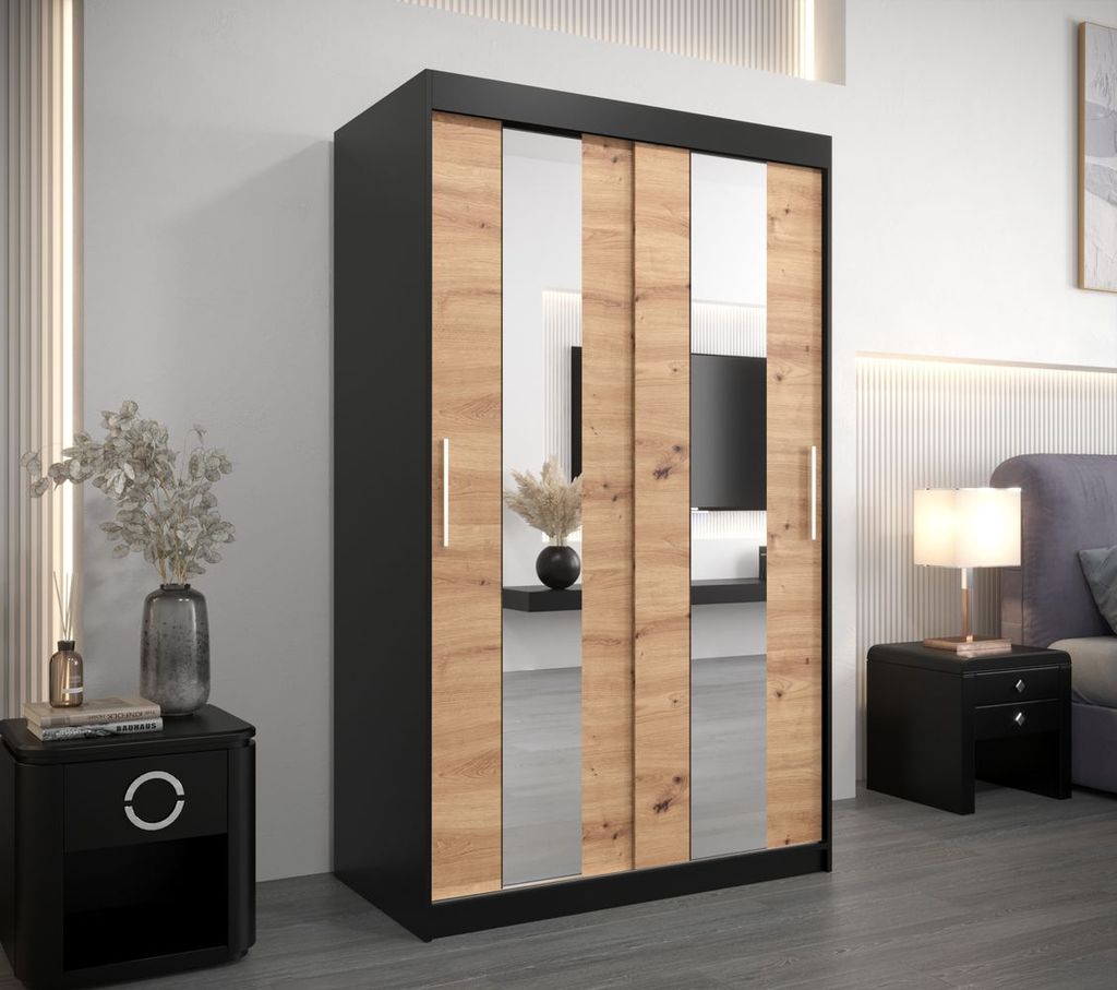 Kleiderschrank mit Spiegeln DIANA – Breite 120 cm, schwarz / Eiche artisan
