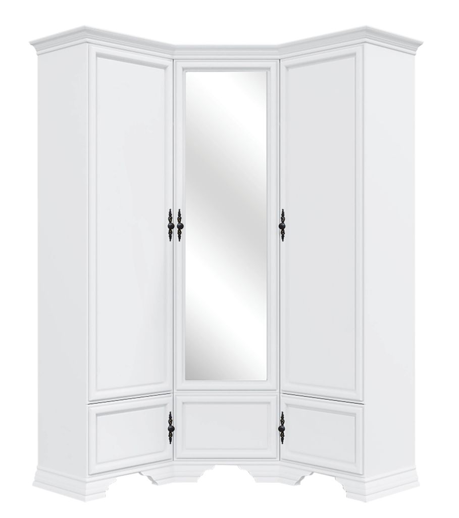 A white, three-door corner wardrobe with a central mirrored door.