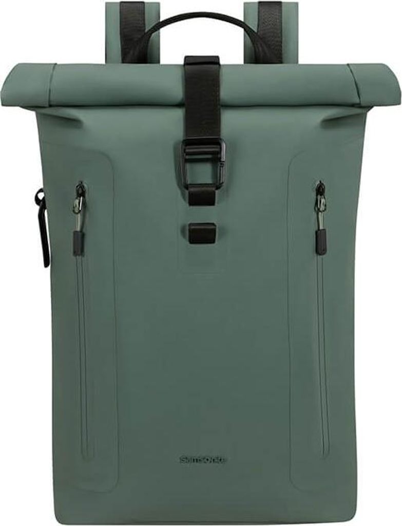 A green rolltop rucksack with black accents is shown against a white background.