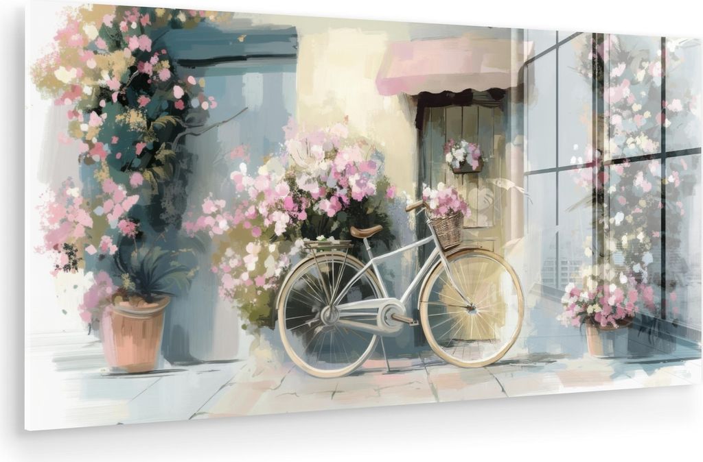 MuchoWow Glasbilder - Bilder auf Wandbild - Foto auf Glas Fahrrad - Pastellfarben - Blumen 80x40 cm Wanddekoration aus Glas - Acrylglasbild - Acryl...
