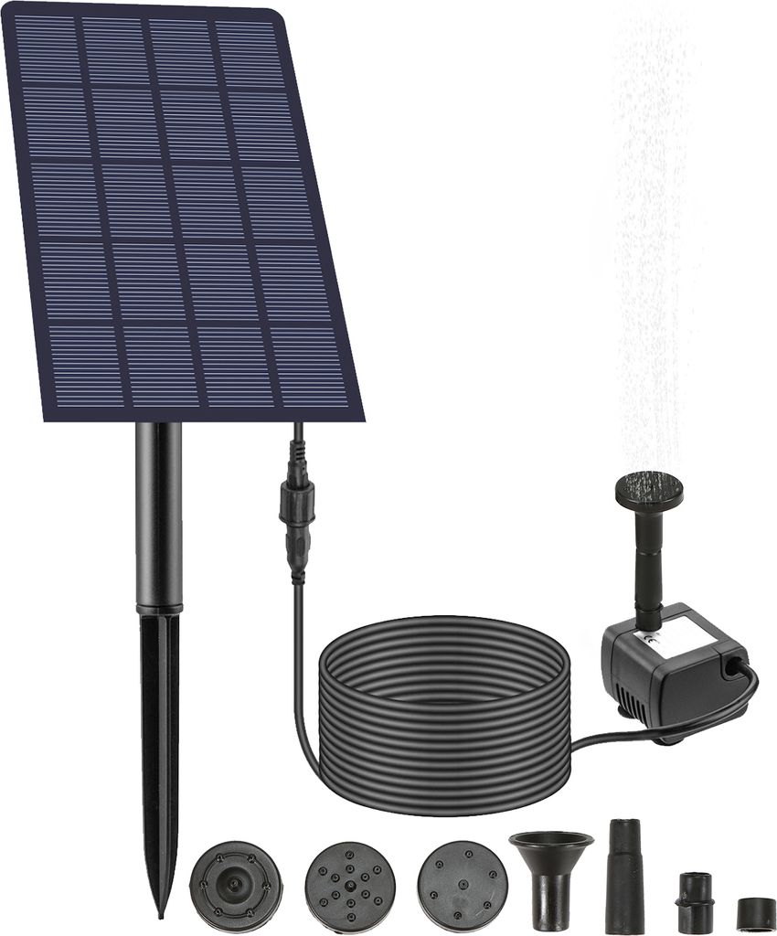 A solar-powered fountain pump kit with multiple nozzle attachments, displayed on a white background.