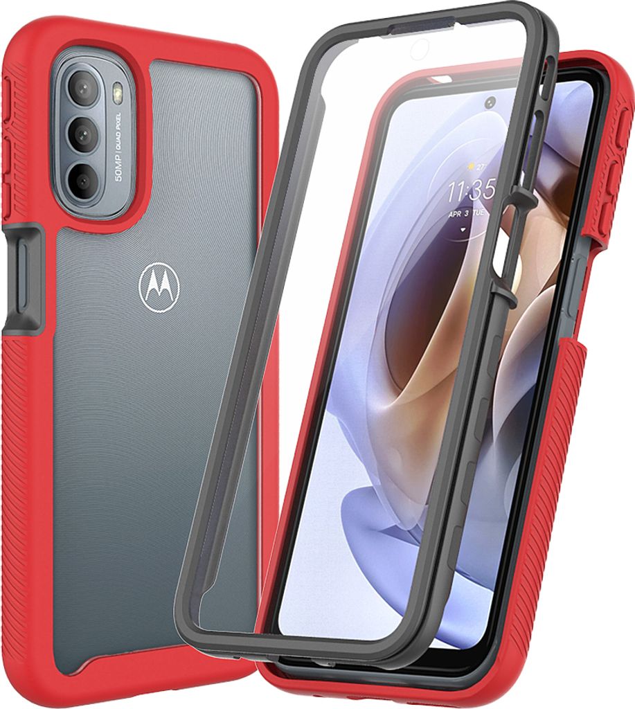 Moto G51 5G Hülle, TPU Bumper mit Eingebautem Displayschutz 360 Grad Komplettschutz Schutzhülle für Motorola Moto G51 5G Rot