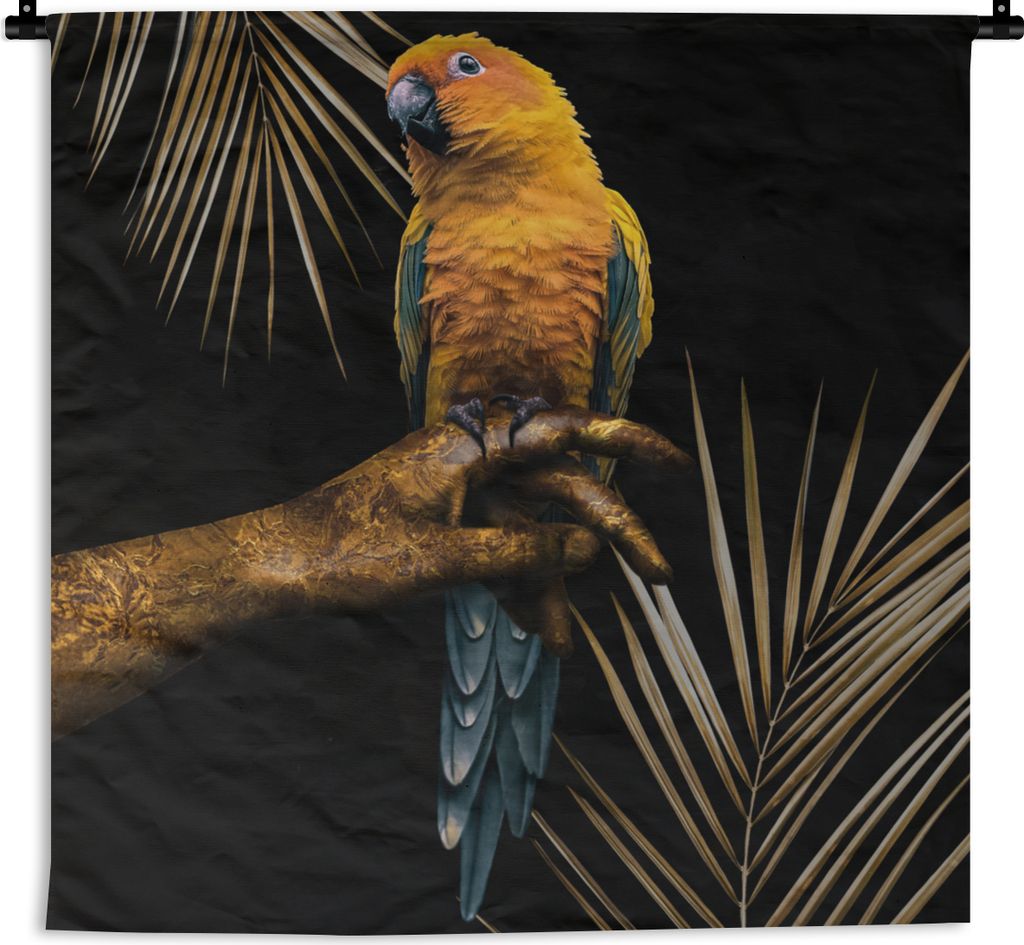 MuchoWow Wandteppich Wandbehang Vogel - Papagei - Hand - Gold 150x150 cm Tapisserie Dekoration Wandtuch - Wohnaccessoires - Modernes