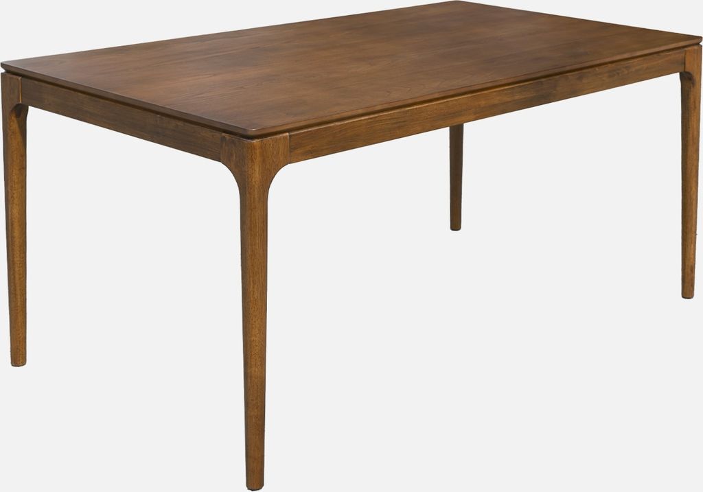 A rectangular wooden dining table with four legs, shown from a slightly elevated side angle against a white background.
