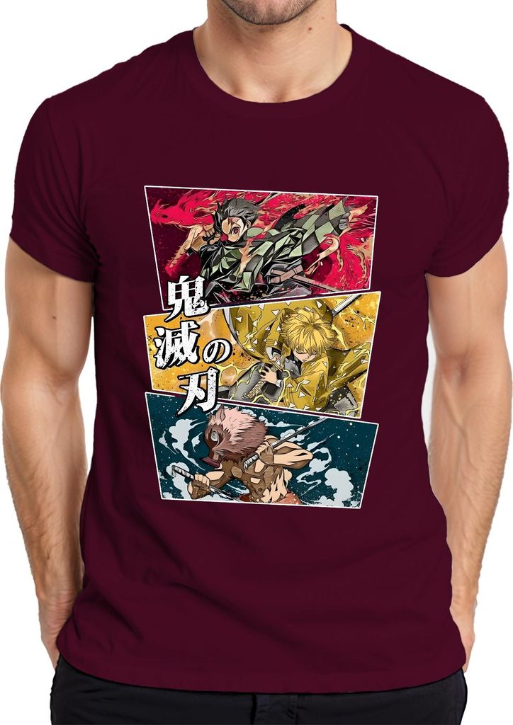 鬼滅の刃 Kimetsu no Yaiba Tanjiro Zenitsu Inosuke Anime Geschenk Herren T-Shirt, Burgundy, 3XL