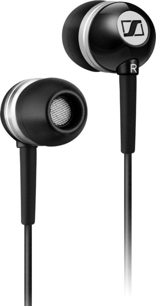 A pair of black Sennheiser in-ear headphones with silver accents is shown against a white background.