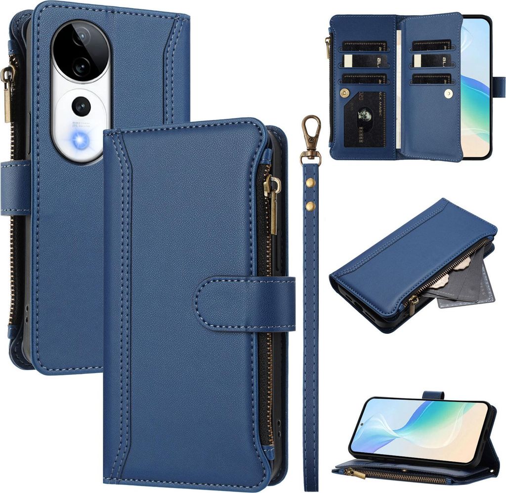 Handyhülle für Vivo V40/V40 Pro/S19 Pro Reißverschluss Geldbörse Kunstleder Klapphülle mit Kartensteckplatz, Ständer, Handschlaufe Dunkelblau