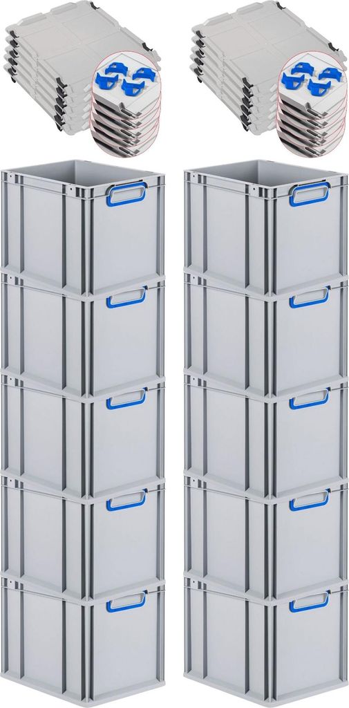 SparSet 10x Eurobox NextGen Color mit Auflagedeckel und Schiebeschnappverschlüsse | HxBxT 32x30x40cm | 30 Liter | Griffe blau geschlossen | Glatte...
