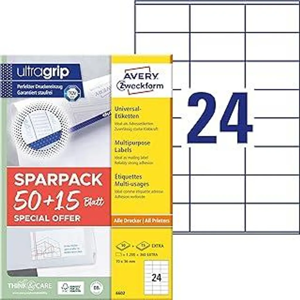 Avery Zweckform 6602 Etichette Indirizzi 70x36mm - 1560 Pezzi UltraGrip