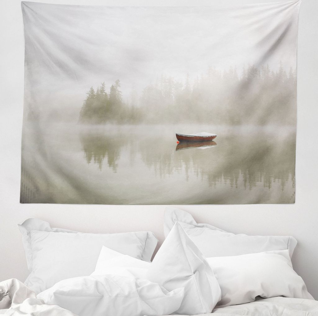 ABAKUHAUS Grau Wandteppich, Boot auf dem See Natur aus Weiches Mikrofaser Stoff Waschbar ohne Verblassen Digitaldruck, 150 x 110 cm, Eischale Braun...