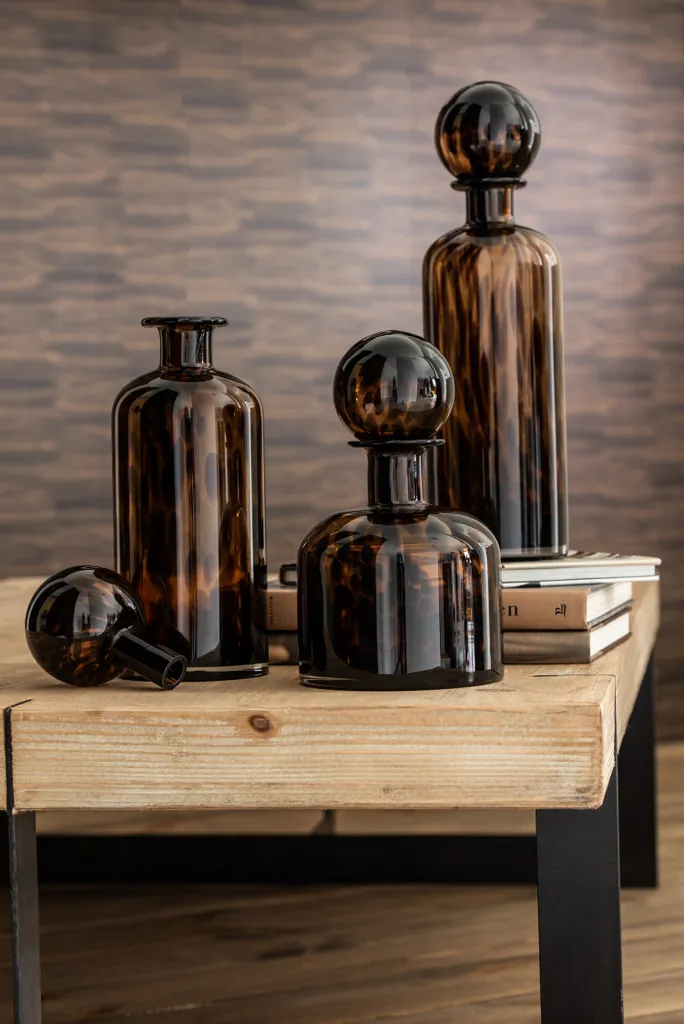 J-Line Bouteille Décorative en Verre Marron et Noir avec Bouchon Large