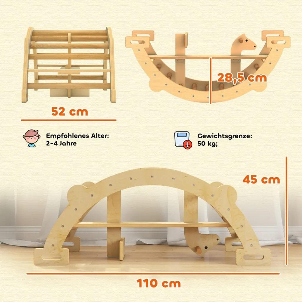 Arche à grimper en bois de hêtre, module 2 en 1 modulable 110x52x45 cm - 2