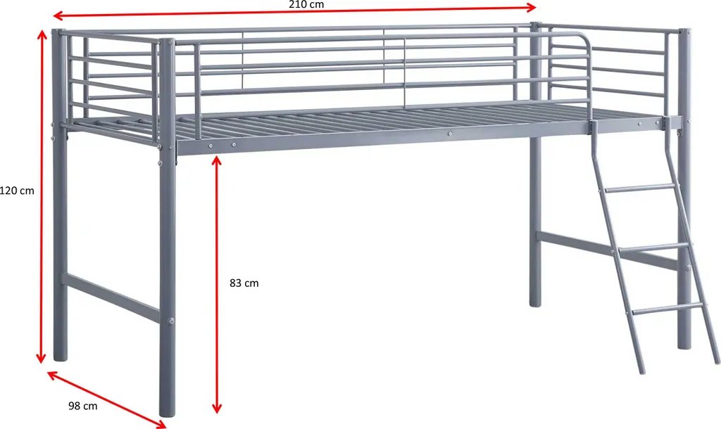 Lit mi-hauteur Julie 90x200cm en métal gris mat, robuste et durable