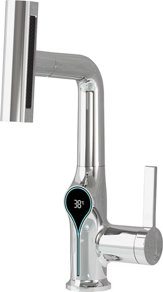 Wasserfall Armatur mit Temperaturanzeige, Badarmatur Waschbeckenmischer mit Hebefunktion, Stream Sprayer, Warm-/Kaltwasser für Bad & Küche, Silber