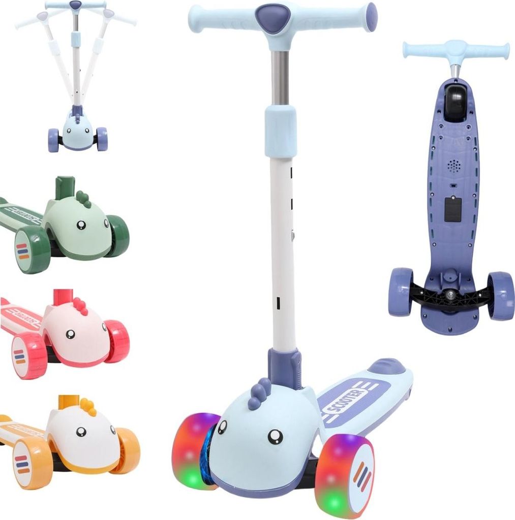 Habib Kinderroller mit Tier-Design | 3-Rad, LED-Licht & Faltbar: Blau