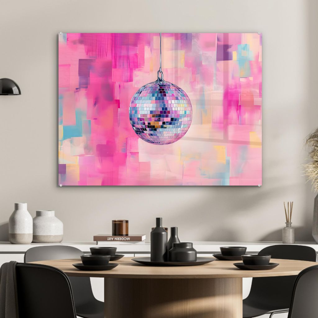 MuchoWow Glasbilder - Bilder auf Wandbild - Foto auf Glas Discoball - Rosa - Farbe 80x60 cm Wanddekoration aus Glas - Acrylglasbild - Acrylbilder -...