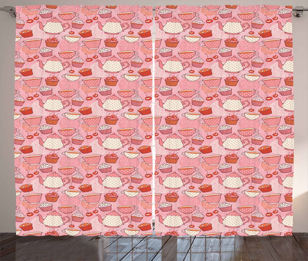 ABAKUHAUS Tee-Party Rustikaler Gardine, Kirschen und Cupcakes, Schlafzimmer Kräuselband Vorhang mit Schlaufen und Haken, 280 x 175 cm, Rosa Beige ...