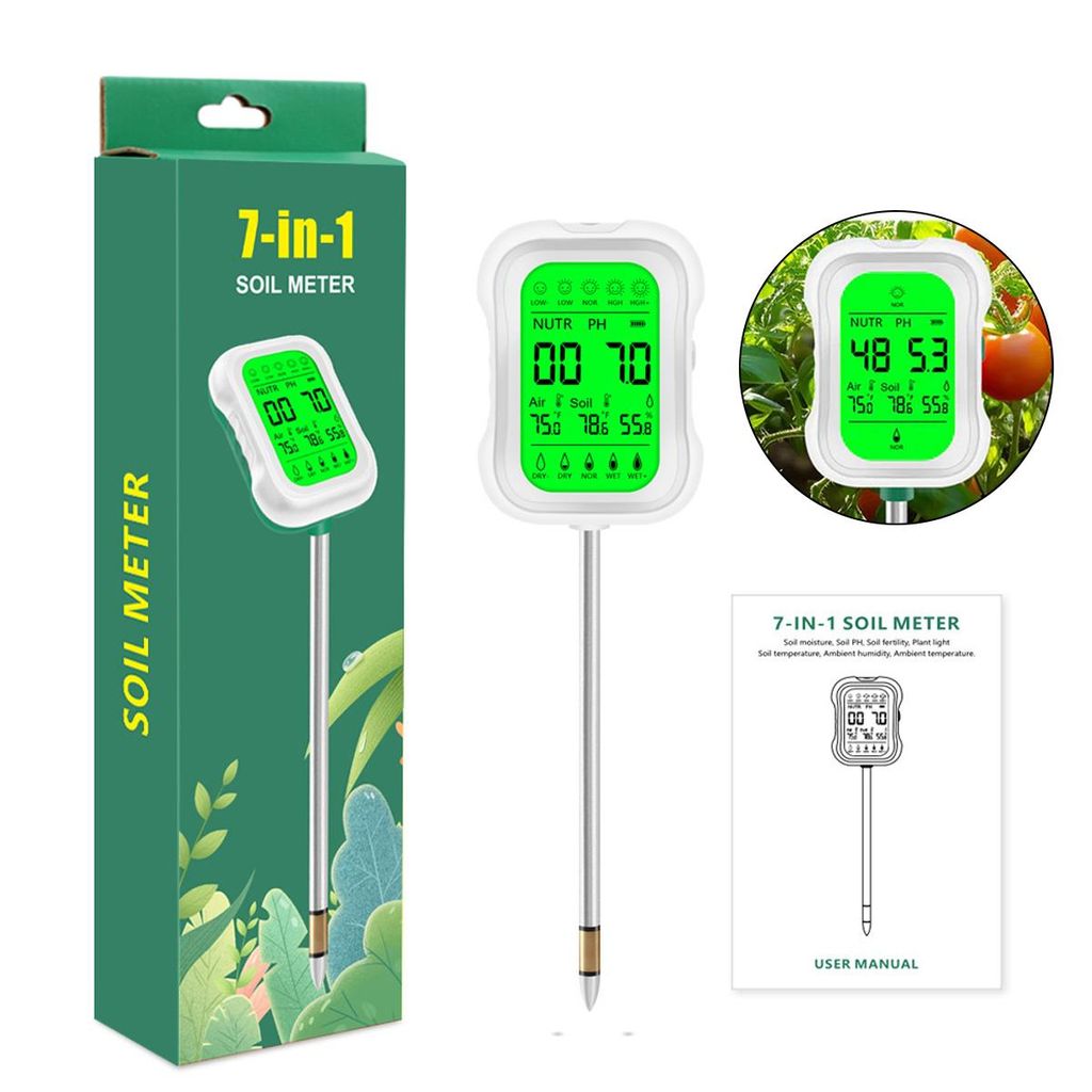 Bodenmessgerät 7-in-1 pH Feuchtigkeit Licht Temperatur Sensor Garten Digital LCD Pflanzen Tester