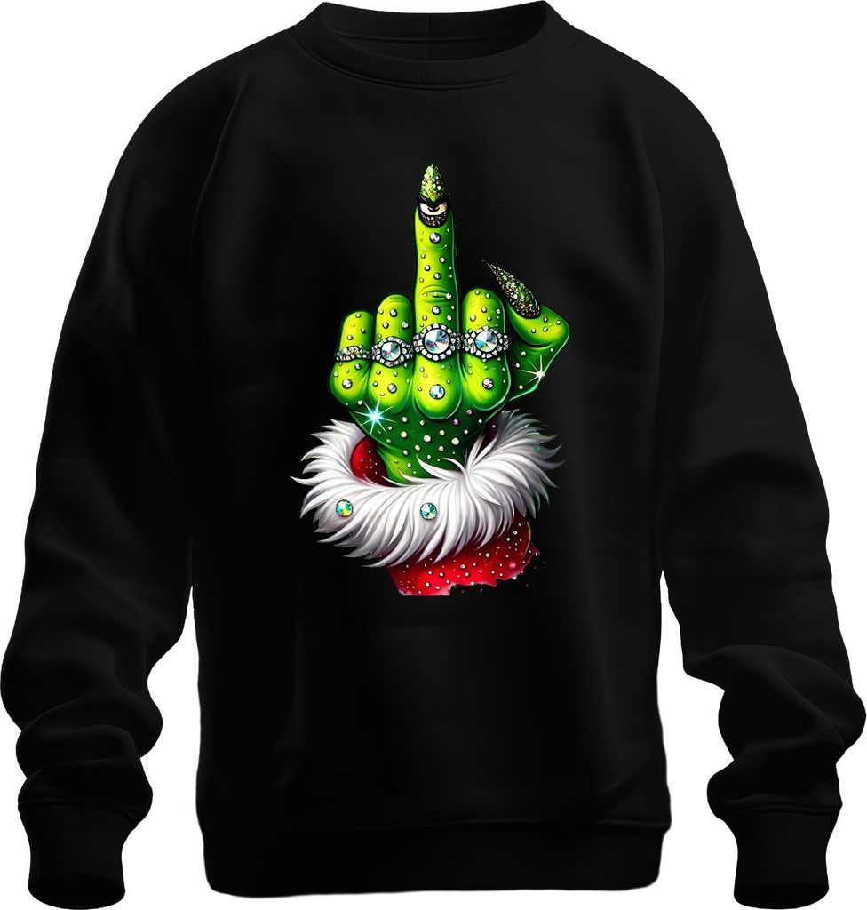 Grinch Mittelfinger Weihnachten frech Geschenk Glitzer Uni Sweatshirt Pullover, Schwarz, S