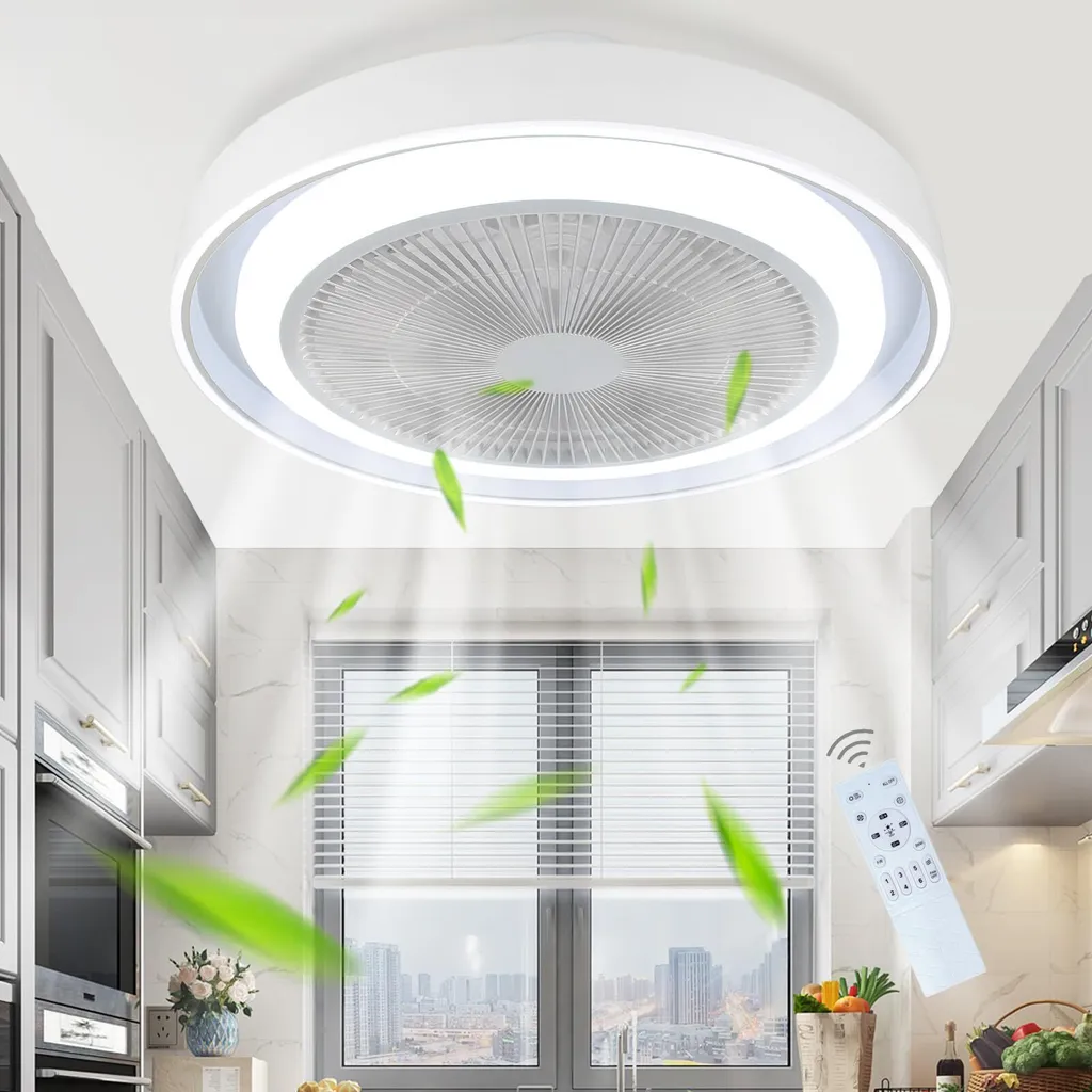 Plafonnier ventilateur LED dimmable pour chambre, design moderne bleu 6 pales