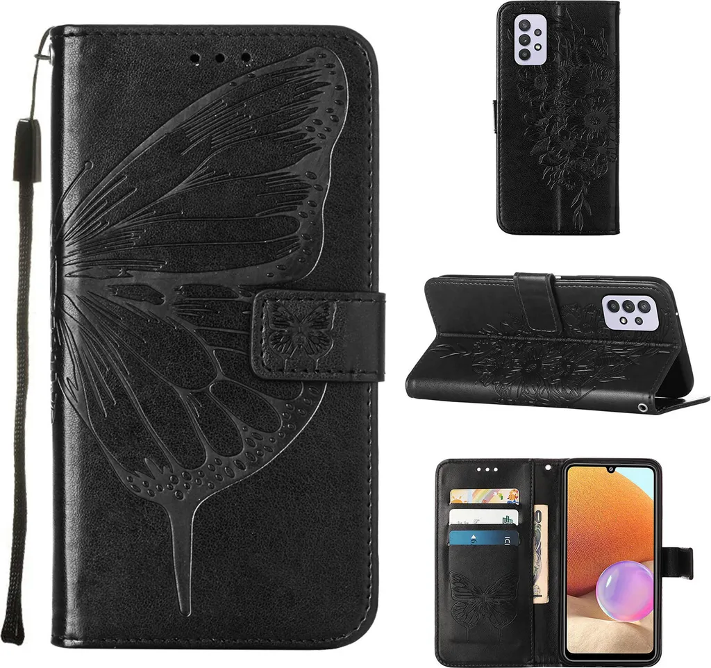 Custodia a Libro Samsung A32 5G Antiurto Farfalla Nera con Cinturino - 1