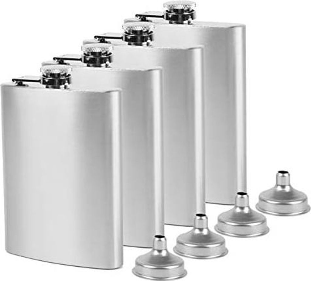 Tebery 4 Stück 8oz Flachmann Set aus Edelstahl mit kleinen Trichtern, 240ml Hüftflasche mit Trichter, Edelstahl Whiskeyflasche, auslaufsicher, tragb