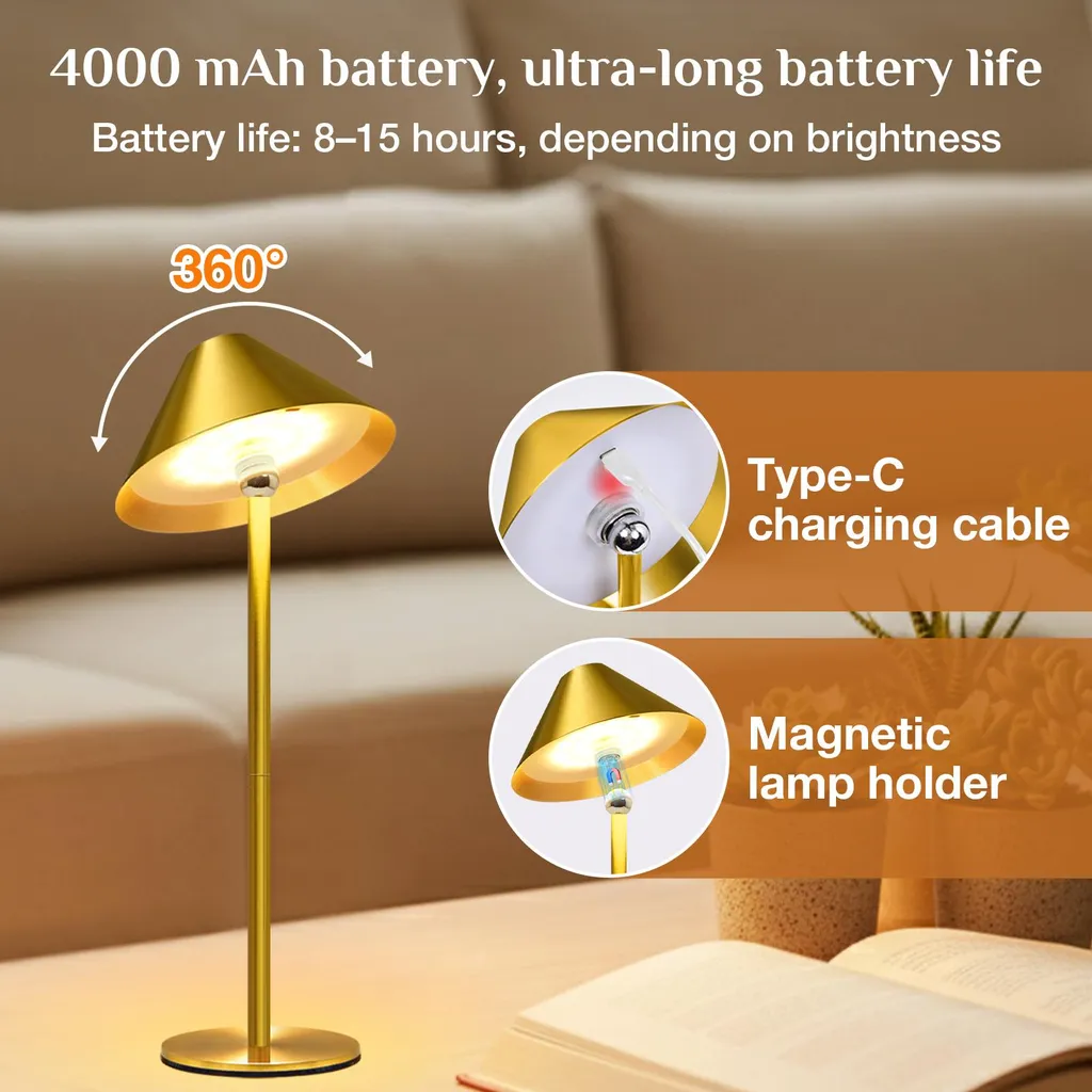 Lampada Magnetica Ricaricabile LED 3 Colori - Oro - Batteria 4000mAh - 3