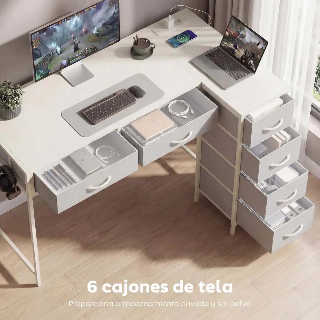 Bureau en L blanc anti-câbles apparents avec prises USB intégrées compacte - 5