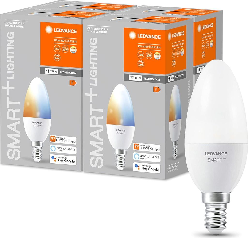 4 x Ledvance LED Smart+ Leuchtmittel Kerze 4,9W = 40W E14 matt 470lm Tunable White 2700K-6500K Dimmbar App Google Alexa WiFi