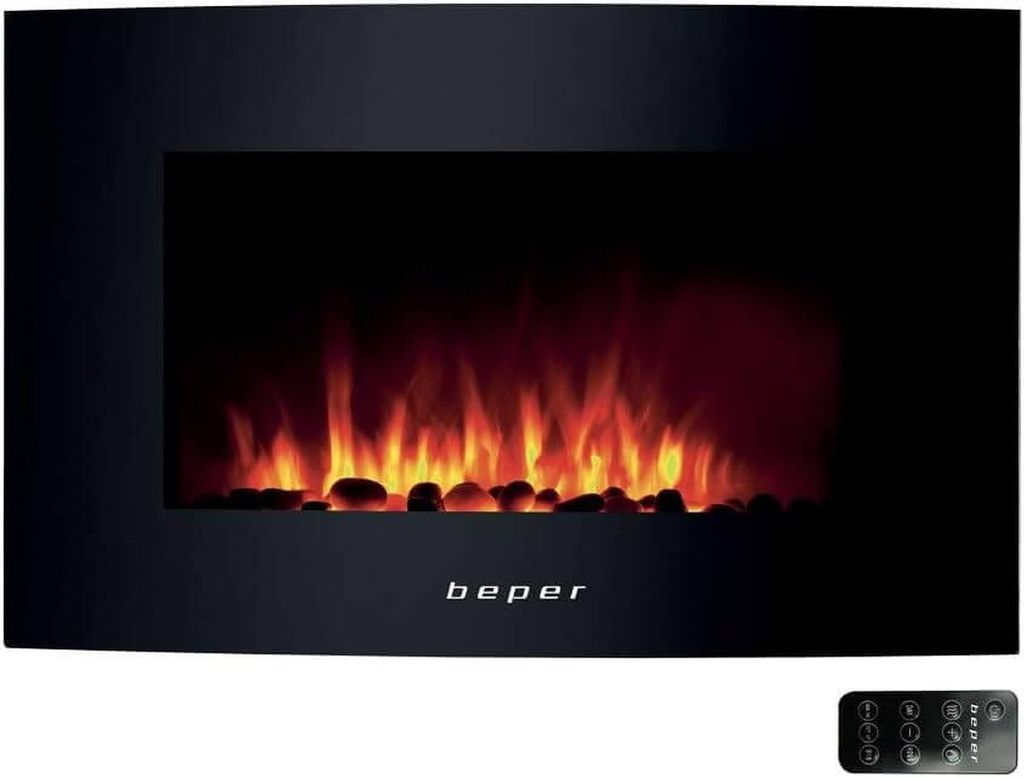 Beper RI.503 Elektrischer Wandkamin, Stahlgehäuse mit gehärteter Glasfront & 2 Heizstufen, Heizung, 2000W, Kamin