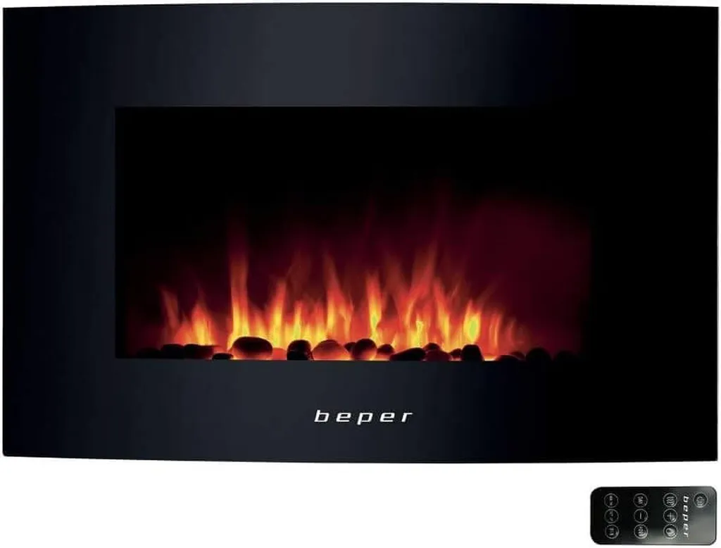 Beper RI.503 Caminetto elettrico da parete, alloggiamento in acciaio con vetro temperato e 2 impostazioni di calore, riscaldamento, 2000W, caminetto