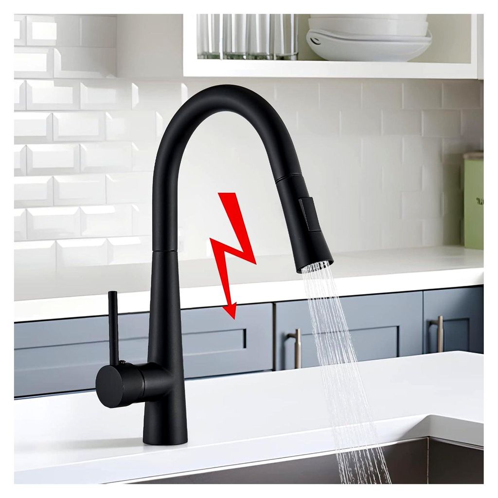 Niederdruckarmatur Küche Schwarz, 3 Anschlüsse Wasserhahn mit hohem Bogen, ausziehbare Brause, 360° schwenkbar für Boiler/Untertischgeräte, Ed...