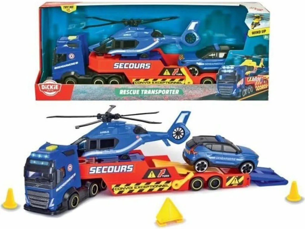 Rescue Transporter Dickie Toys - Grand Camion avec Hélicoptère et Sons Réels
