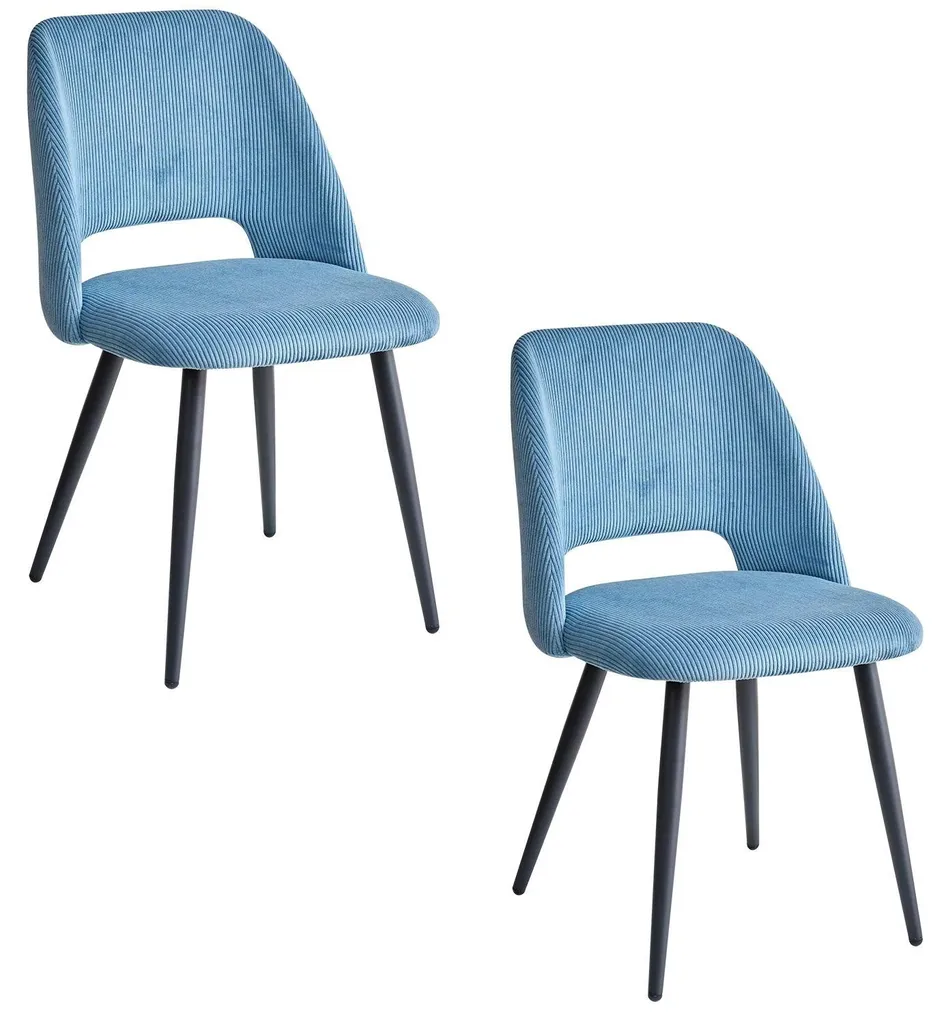 Lot de 2 chaises de table en velours côtelé bleu avec pieds en métal
