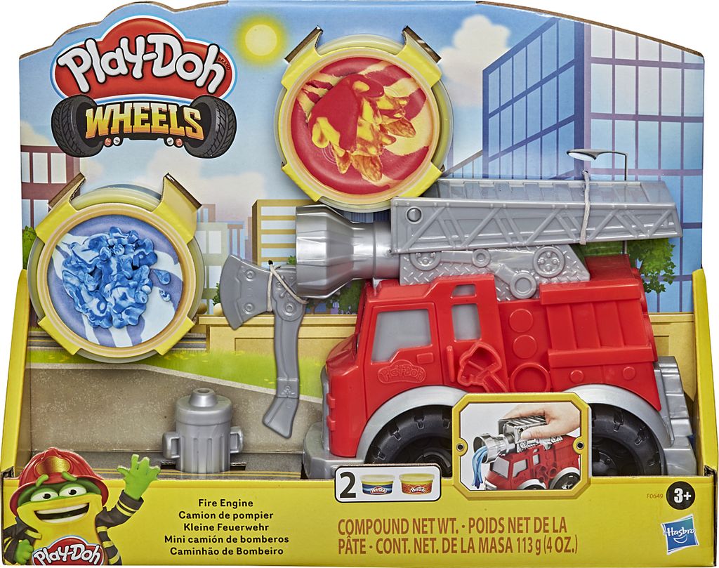 The image shows the packaging of a Play-Doh fire engine toy set.