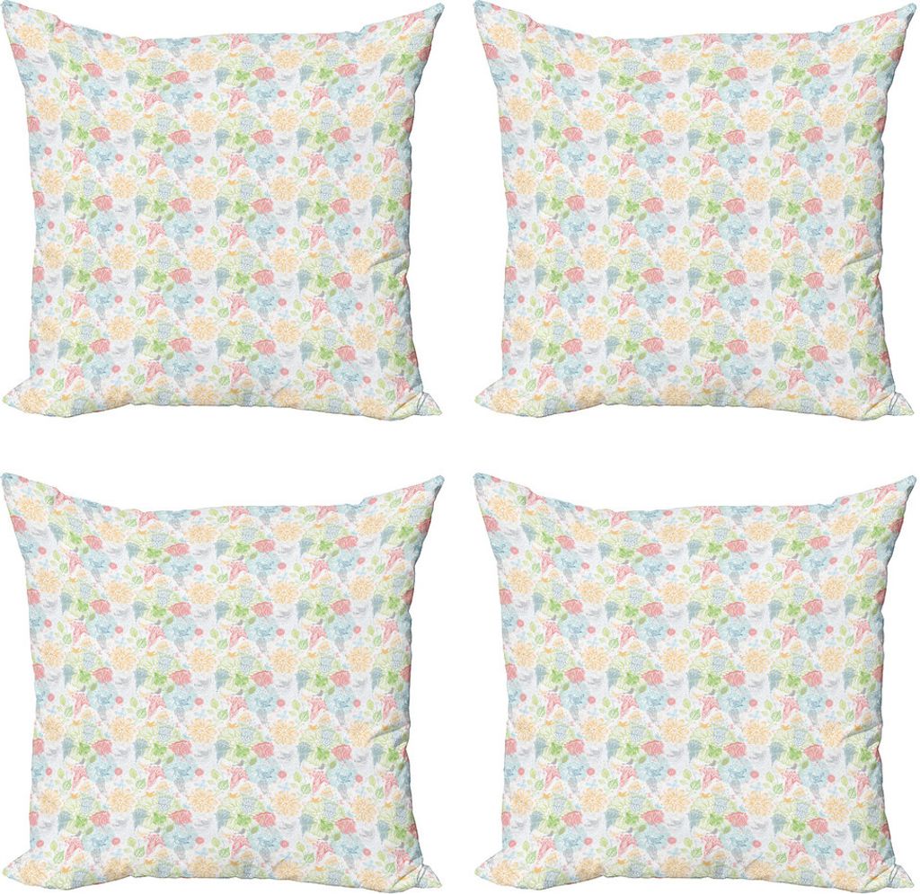 ABAKUHAUS Frühling Kissenbezug Set (4 Stück), Vögel und Blumen-Aufbau, Moderner Doppelseitiger Digitaldruck, 40 cm x 40 cm, Mehrfarbig