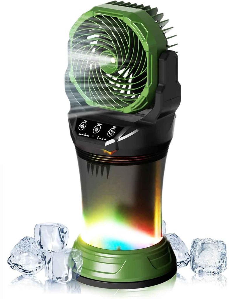 Zimilo 15000 mAh Ventilator mit Wassernebel, 2000 ml Wassertank, 4 Geschwindigkeiten, 90° Oszillation, RGB Nachtlicht, mit Fernbedienung, Armeegrün
