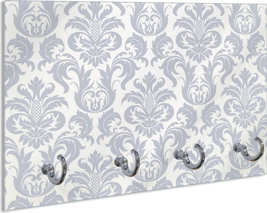 Wallario Handtuchhalter aus Glas, Motiv: Königliche Schnörkelei in weiß und blaugrau, 30 x 20 cm mit 4 Haken