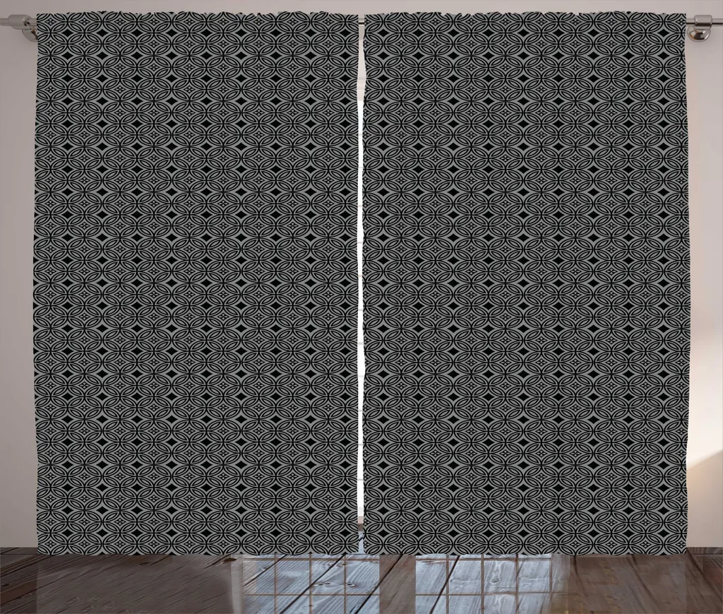 ABAKUHAUS Tenda rustica nera e grigia, piastrelle floreali antiche, tende universali per soggiorno con passanti e ganci, 280 x 175 cm, nero e grigio