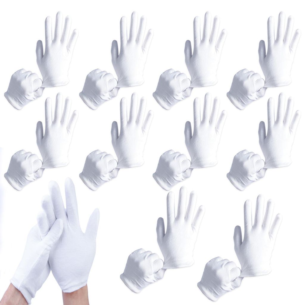 10 Paar weiße Baumwollhandschuhe, waschbar, dehnbar, multifunktional, pflegeleicht, bequem und atmungsaktiv, für Hautpflege und Schmuckprüfung ...