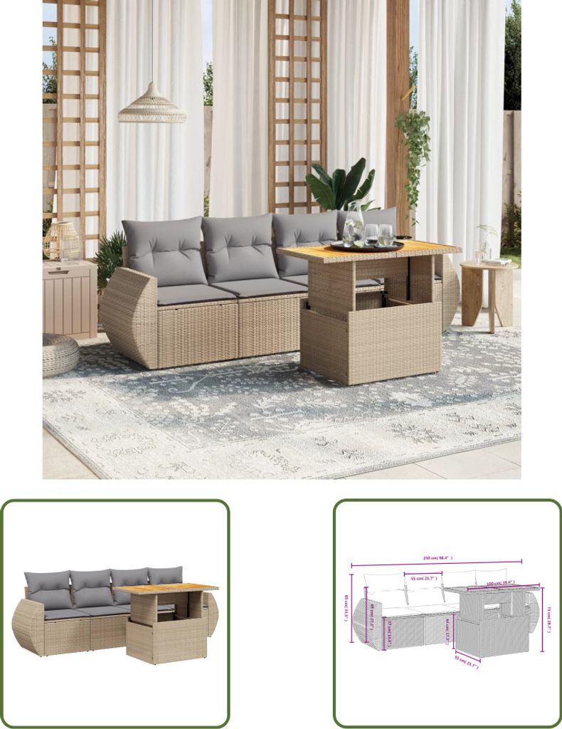 The Living Store 5-tlg. Garten-Sofagarnitur mit Kissen Beige Poly Rattan