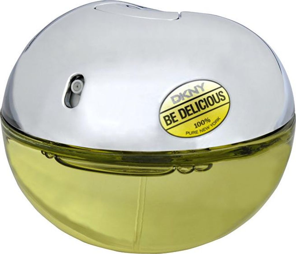 A close-up studio shot of a DKNY Be Delicious perfume bottle.