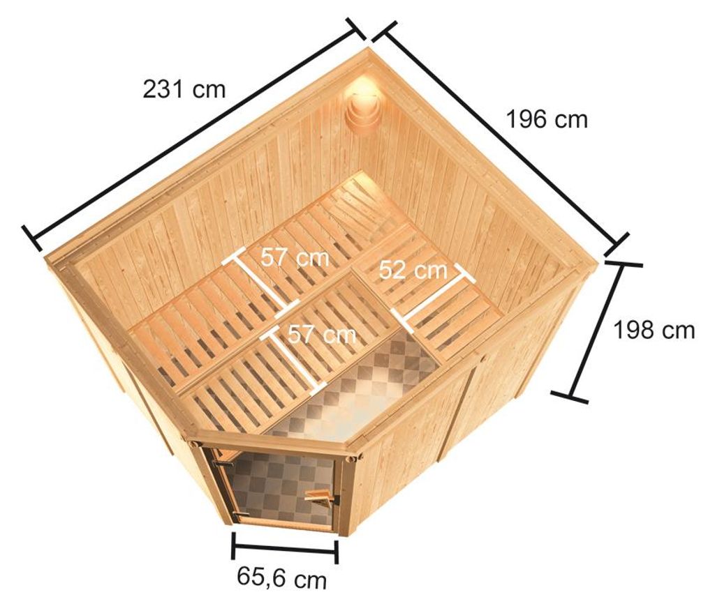 KARIBU Elementsauna Celine 5 Fichte Natur 68 mm, Innensauna für 2 3 Personen, Systembauweise mit bronzierter Ganzglastür, Eckeinstieg, spiegelbar...