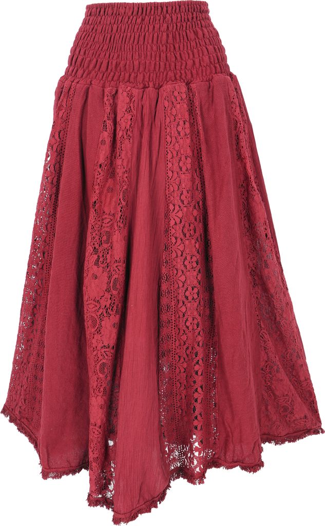 Boho Spitzen Maxirock, Flamenco Rock, Weiter Sommerrock - Rot, Damen, Baumwolle, Röcke