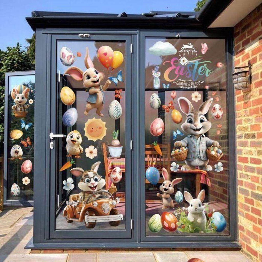 Aufkleber – Selbstklebende Buchstaben – 9 Bögen Osterfensteraufkleber – Wiederverwendbar – Osterdekoration: Eier und Hase