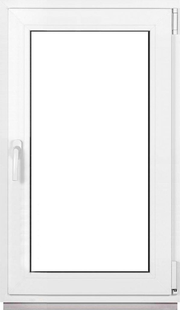 A white framed window with a clear glass pane, presented against a white background.