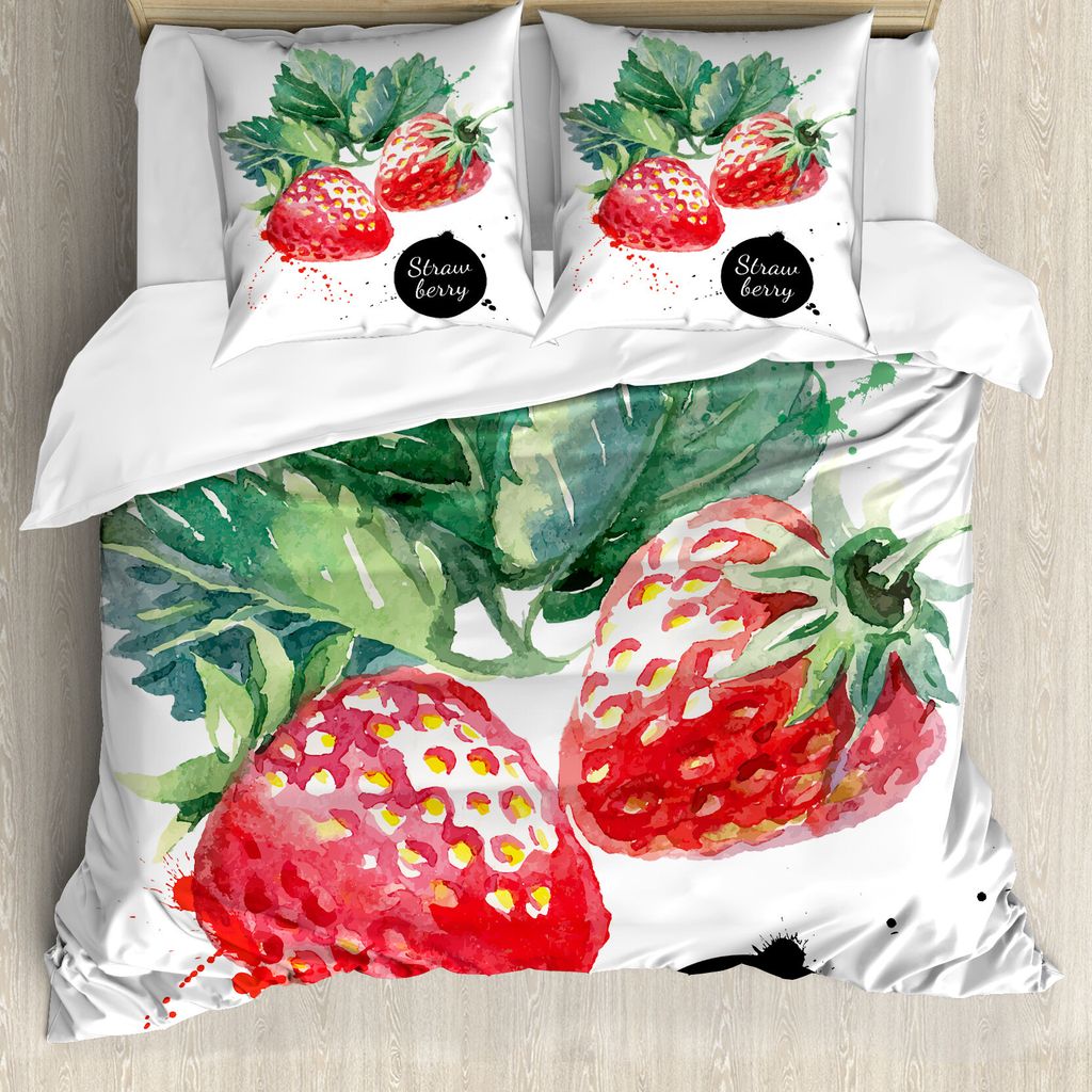ABAKUHAUS Aquarell Bettbezug, appetitlich Erdbeeren, Milbensicher Allergiker geeignet mit Kissenbezügen, 200 cm x 200 cm - 80 x 80 cm, Farn-Grün Rot