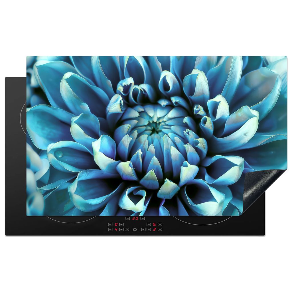 KitchenYeah Herdabdeckplatte Blau - Dahlie - Blume - Natur , 85x52cm, Küche Deko, Glaskeramikkochfeld Herdabdeckung, Abdeckplatte fùr Kochfeld