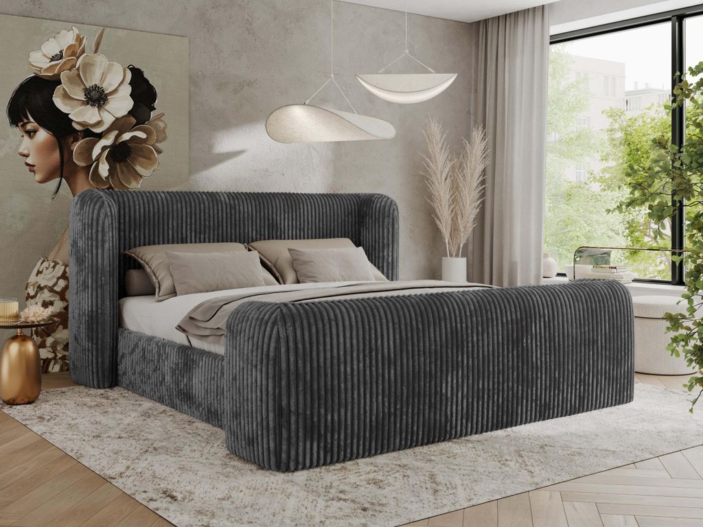 MKS MEBLE Doppelbett Polsterbett mit Lattenrost 180x200 EMORA CLASSIC DUO Bett mit Kopfteil Multipocket Matratze ELORI LUX Grau Cord