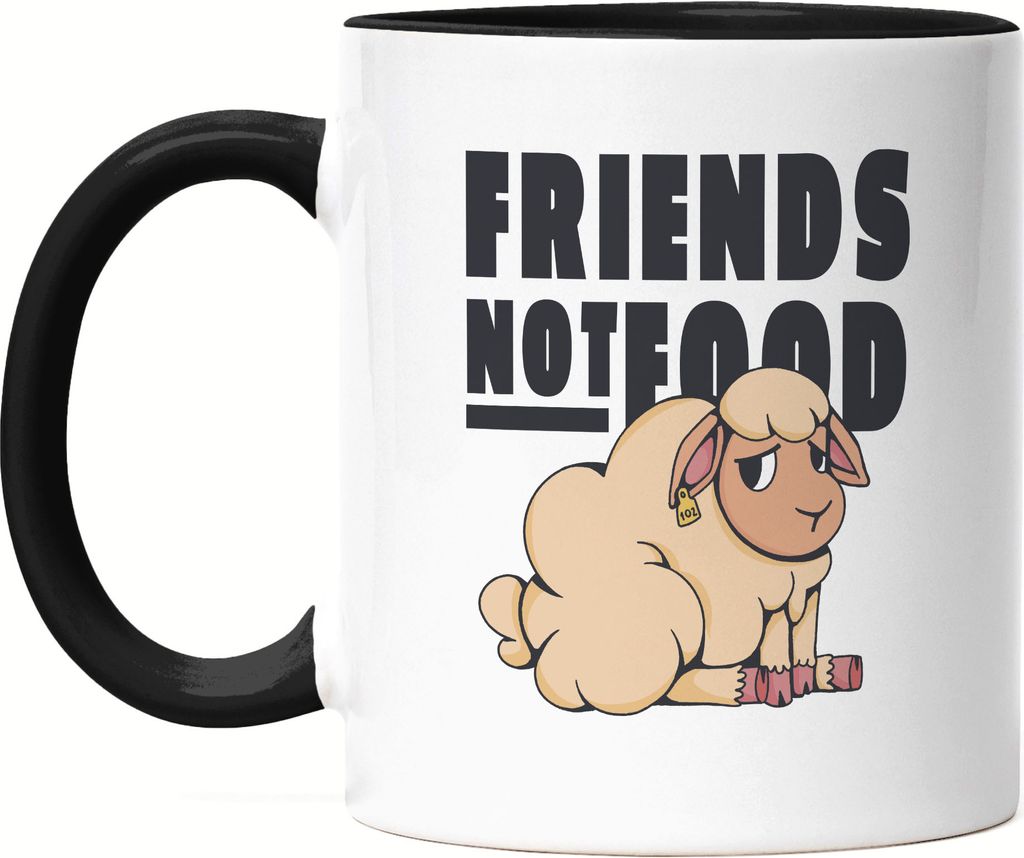 Friends Not Food Tasse Schwarz Vegan Vegetarier Geschenkidee Plant-Based Tierwohl Süßes Schaf